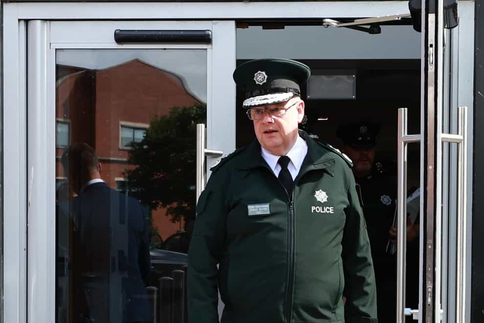 Police Service of Northern Ireland Chief Constable Simon Byrne leaves after an emergency meeting of the Northern Ireland Policing Board at James House in Belfast (Liam McBurney/PA)