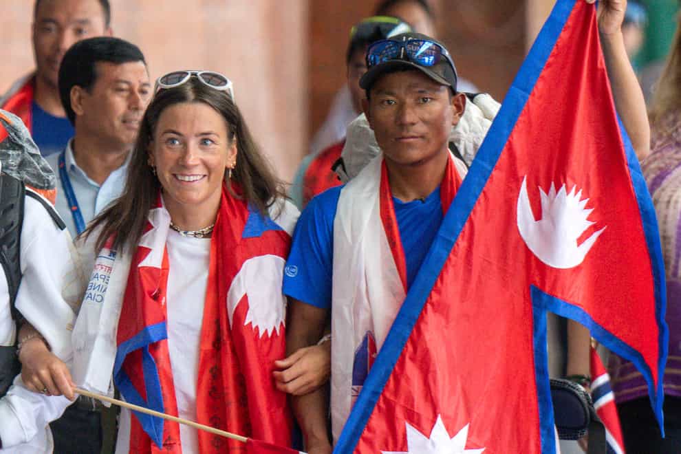 Norwegian climber Kristin Harila, left, and her Nepali sherpa guide Tenjen Sherpa, climbed the world’s 14 tallest mountains in record time (AP Photo/Niranjan Shrestha)