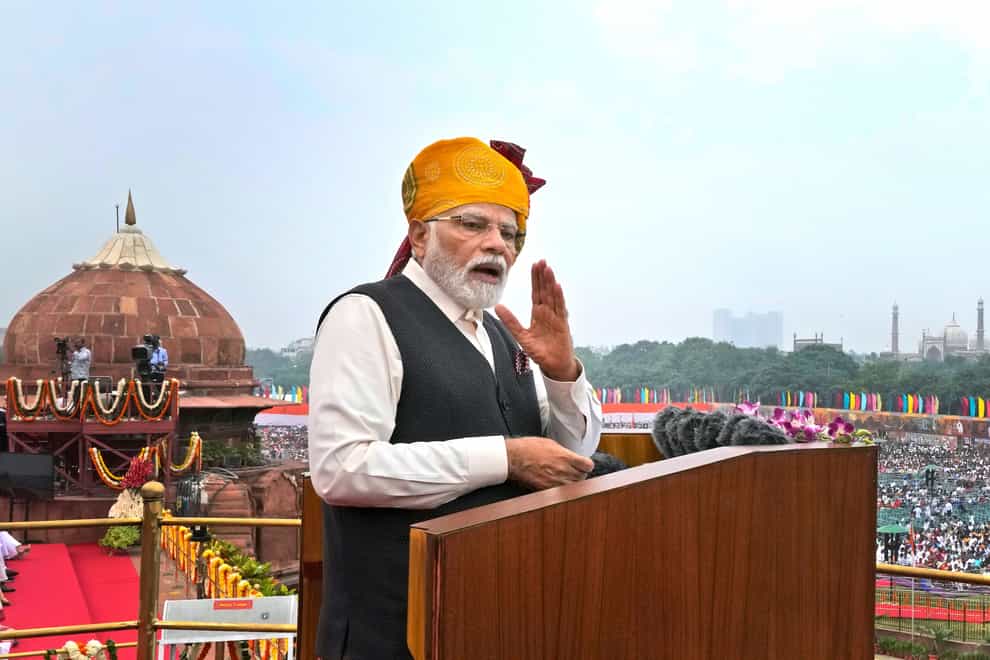 Indian PM Narendra Modi speaks at the 17th century Mughal-era Red Fort monument on the country’s Independence Day (Manish Swarup/AP)