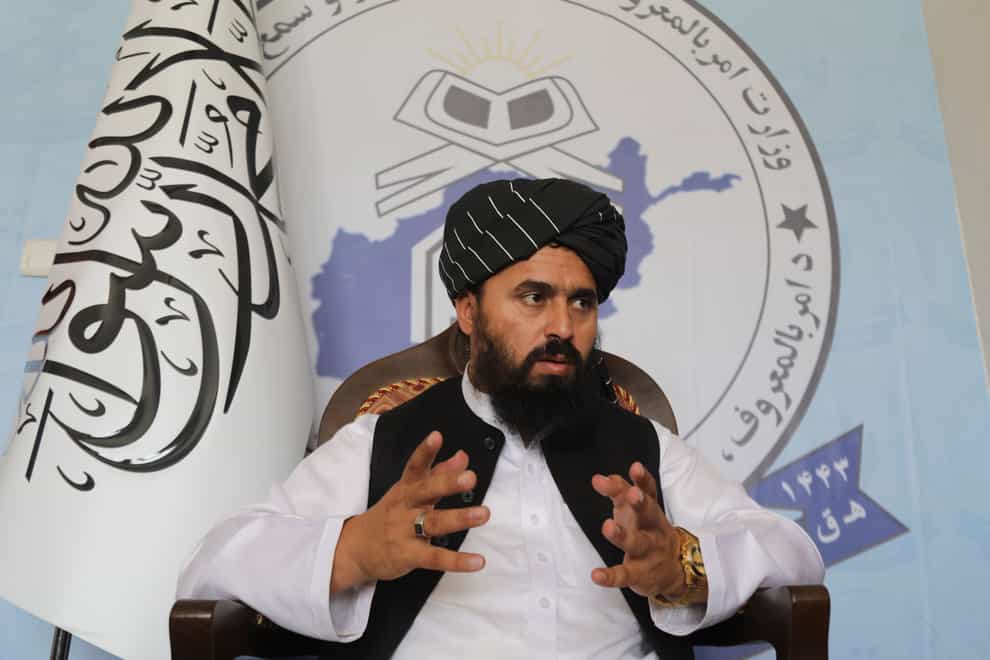 Molvi Mohammad Sadiq Akif, the spokesman for the Taliban’s Ministry of Vice and Virtue, speaks during an interview in Kabul, Afghanistan (Siddiqullah Alizai/AP)