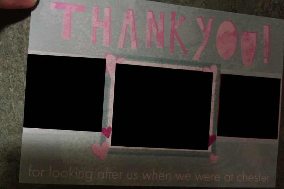 The parents of Child E and Child F sent a ‘Thank you’ card to staff in the neonatal unit at the Countess of Chester Hospital (Cheshire Police/PA)
