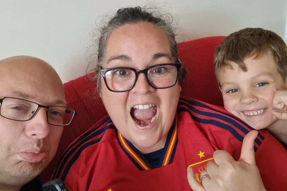 England supporter Adrian Salamon with his Spanish wife Azahara Berlango and six-year-old son Tristan after Spain’s 1-0 victory over England (Adrian Salamon/PA)