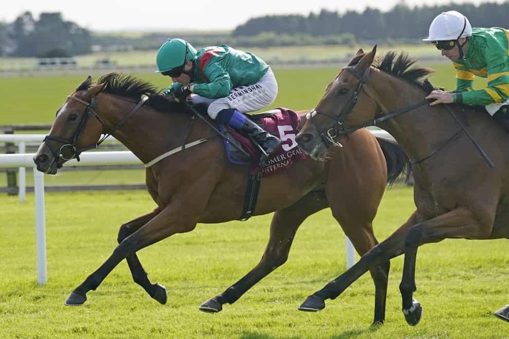 Shamida ridden by Chris Hayes (left) on their way to winning the Comer Group International Irish St Leger Trial Stakes at Curragh Racecourse, County Kildare. Picture date: Sunday August 20, 2023.