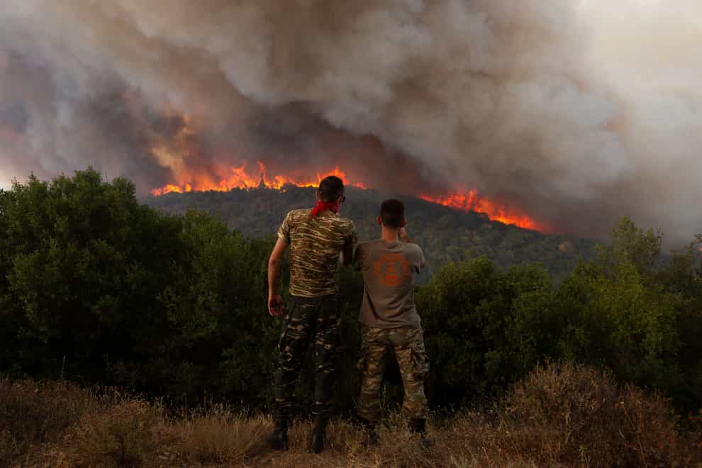 Flames burn a forest near the village of Sykorrahi, near Alexandroupolis town, in the north-eastern Evros region, Greece (Achilleas Chiras/AP)