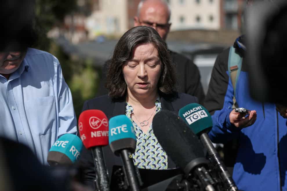 Anne McGrath, principal of Loreto Secondary School, makes a statement near to the scene where four young people died in a car crash in Clonmel, Co Tipperary, while on the way to exam results celebrations (Damien Storan/PA)
