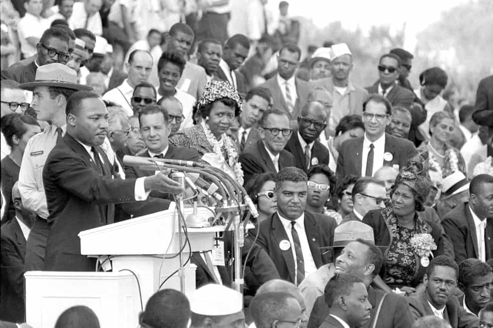 The Reverend Dr Martin Luther King Jr, delivers his “I Have a Dream” speech to thousands of civil rights supporters gathered in front of the Lincoln Memorial in 1963 (AP)