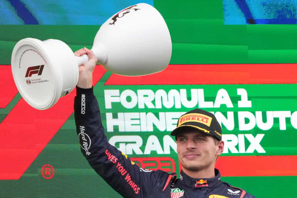 Max Verstappen navigated his way through a chaotic and dramatic rain-hit Dutch Grand Prix to equal Sebastian Vettel’s record of nine victories in a row (Peter Dejong/AP)