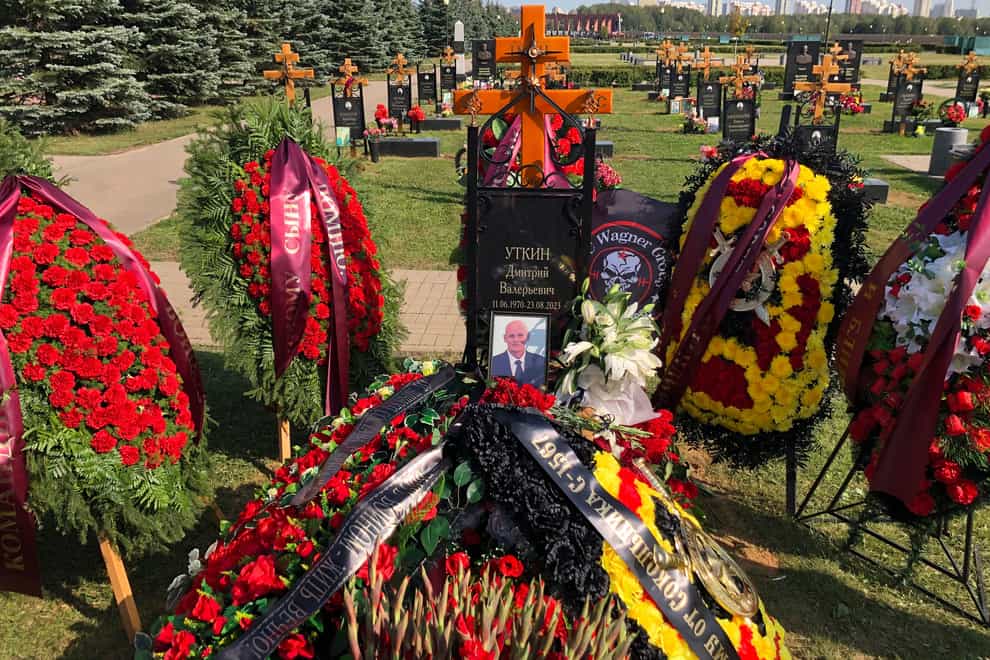 The grave of Dmitry Utkin, who oversaw the Wagner Group’s military operations, at the Federal Military Memorial Cemetery in Mytishchy, outside Moscow (Alexander Zemlianichenko/AP)