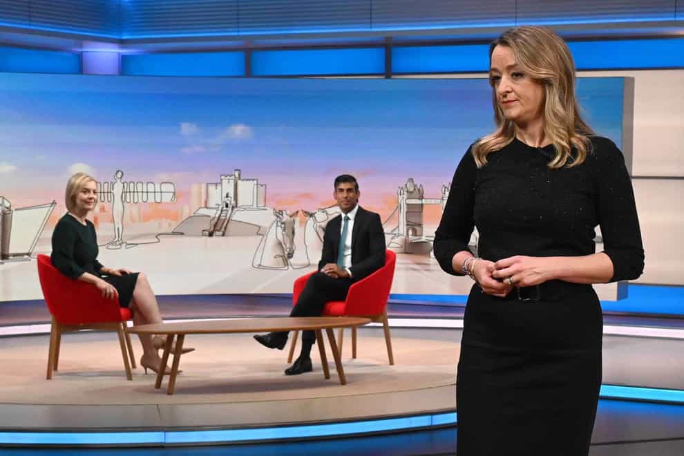 Laura Kuenssberg with the then Conservative Party leader candidates Liz Truss and Rishi Sunak in September 2022 (Jeff Overs/BBC/PA)