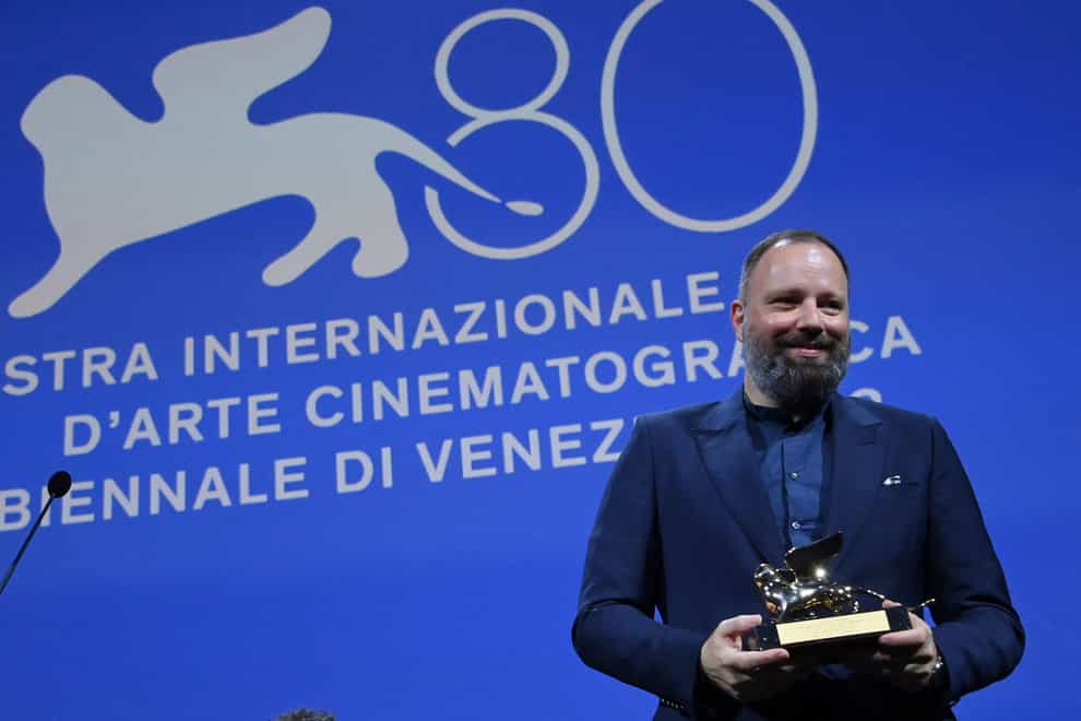 Yorgos Lanthimos with the Golden Lion award for the best film Poor Things during the closing ceremony for the 80th edition of the Venice Film Festival in Italy (Gian Mattia D’Alberto/LaPresse via AP)