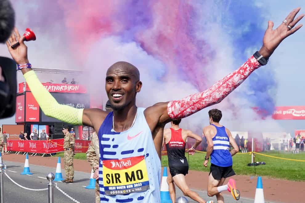 Sir Mo Farah acknowledges the crowds after completing the final race of his career in the Great North Run (Richard Sellers/PA).