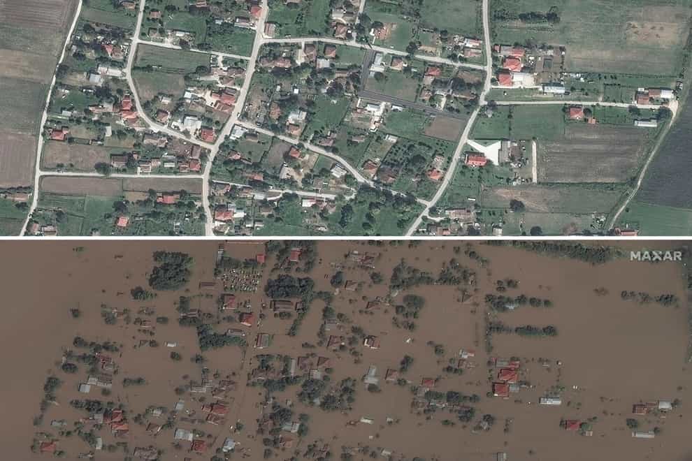 The village of Koskinas, in the central region of Thessaly, Greece was flooded (Satellite image ©2023 Maxar Technologies/AP)