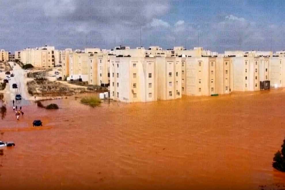Flooded streets in Marj, Libya (Libya Almasar TV/AP)