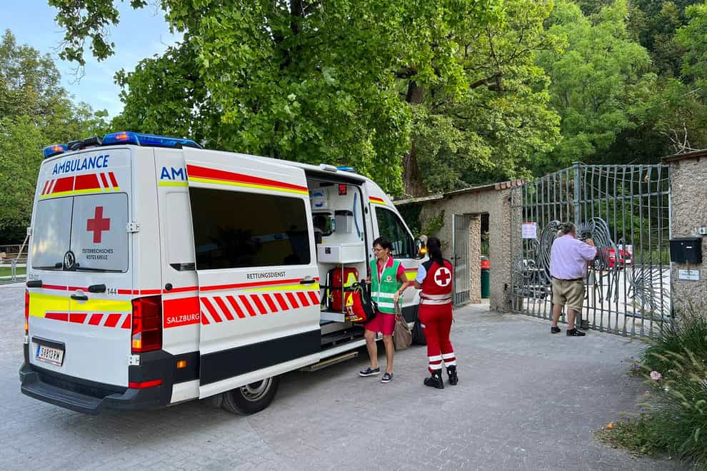 An ambulance is parked at the entrance of the Hellbrunn Zoo in Salzburg (AP)