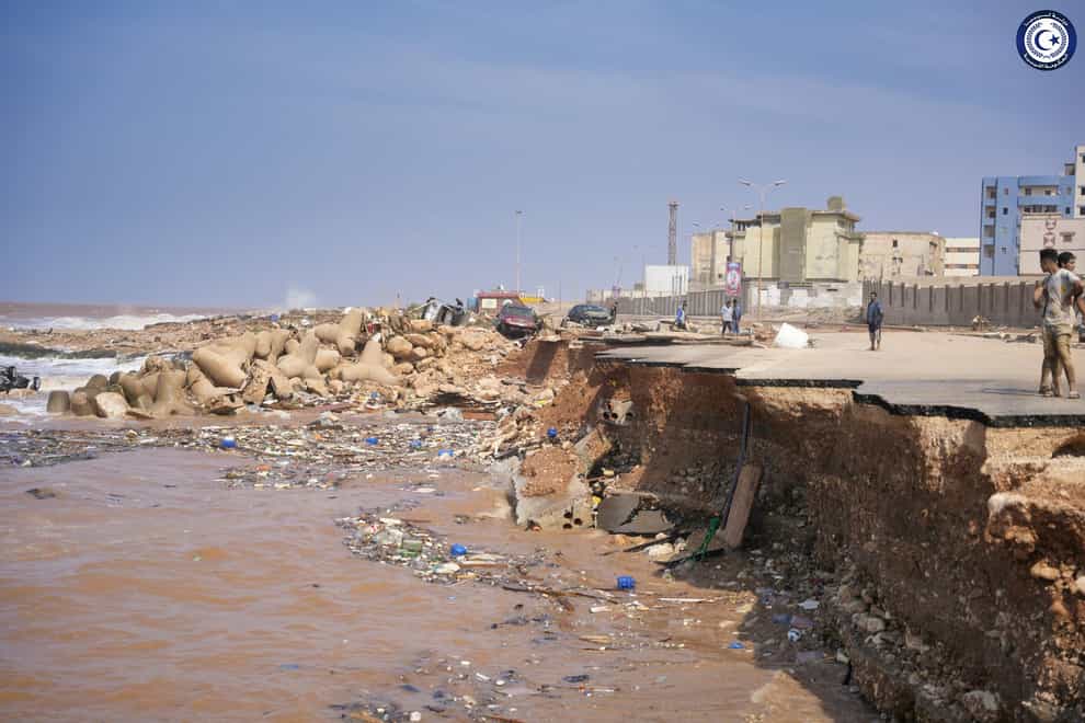 A seaside road is collapsed after heavy flooding in Derna, Libya (Libyan government via AP)