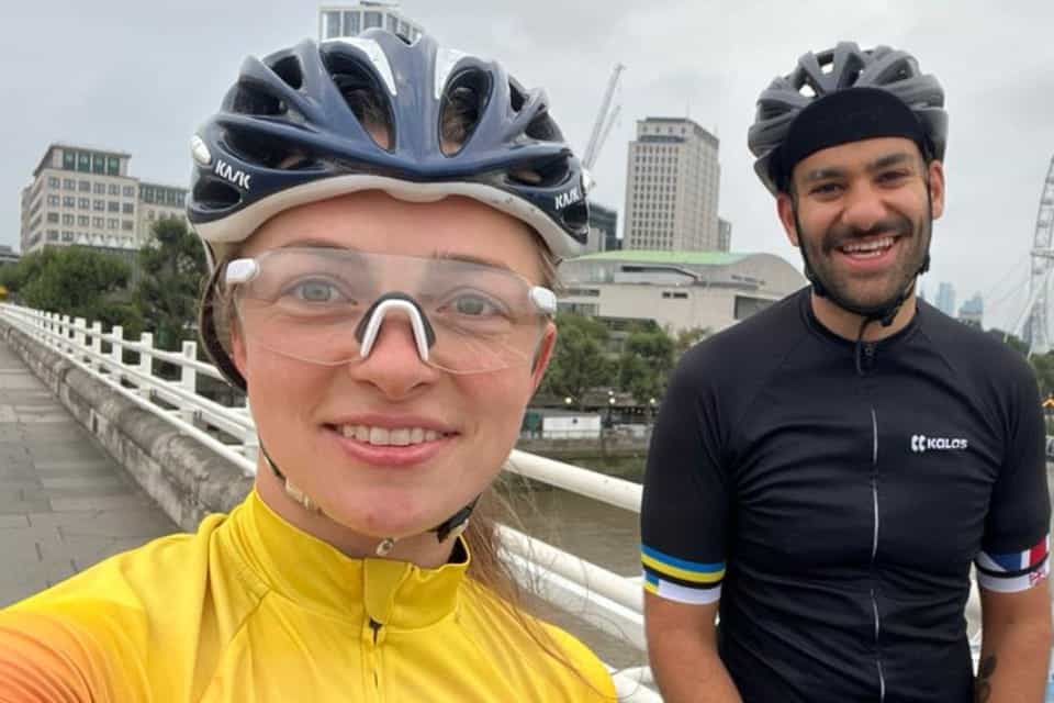 Victoria Gudyma (left) and Tom Hashemi as they cycled around London in the shape of the UK and (right) their route (Victoria Gudyma/Strava/PA)