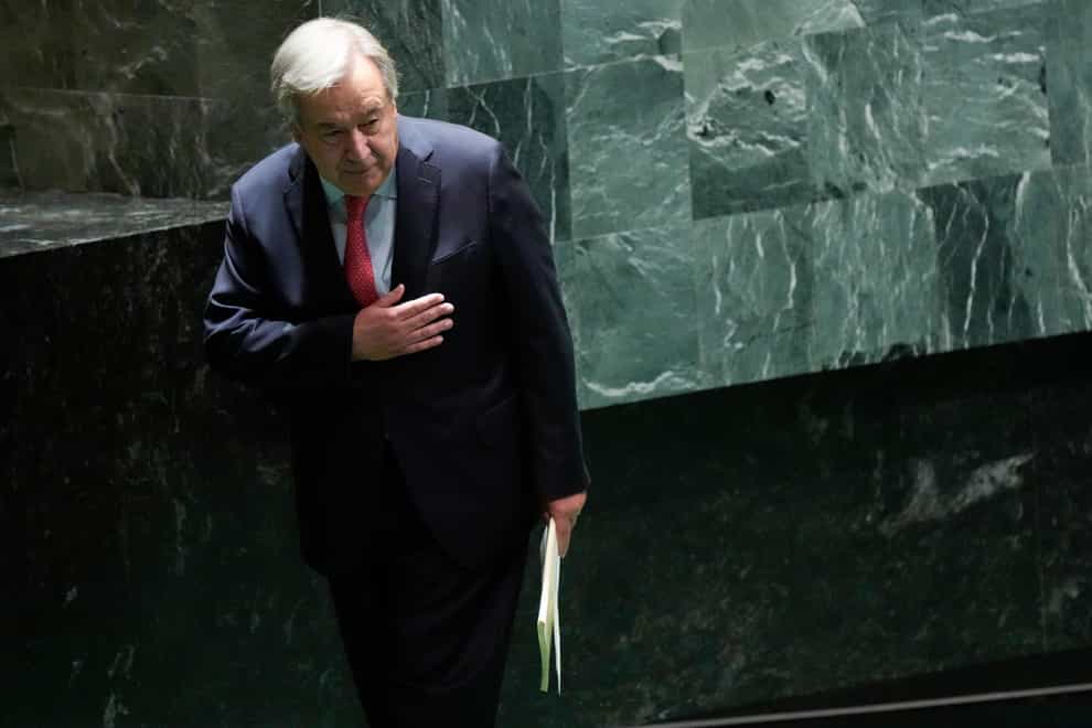 United Nations secretary-general Antonio Guterres acknowledges the audience’s applause after addressing the 78th session of the United Nations General Assembly (Mary Altaffer/AP)