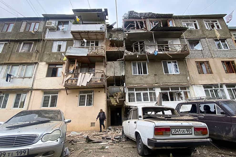 A damaged residential apartment building following shelling in Stepanakert in the breakaway territory of Nagorno-Karabakh in Azerbaijan (Siranush Sargsyan/AP/PA)