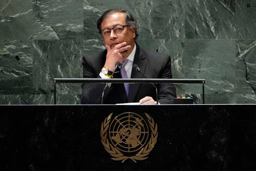 Colombia’s President Gustavo Petro Urrego waits for audience noise to stop before he addresses the 78th session of the United Nations General Assembly on Tuesday (Richard Drew/AP/PA)