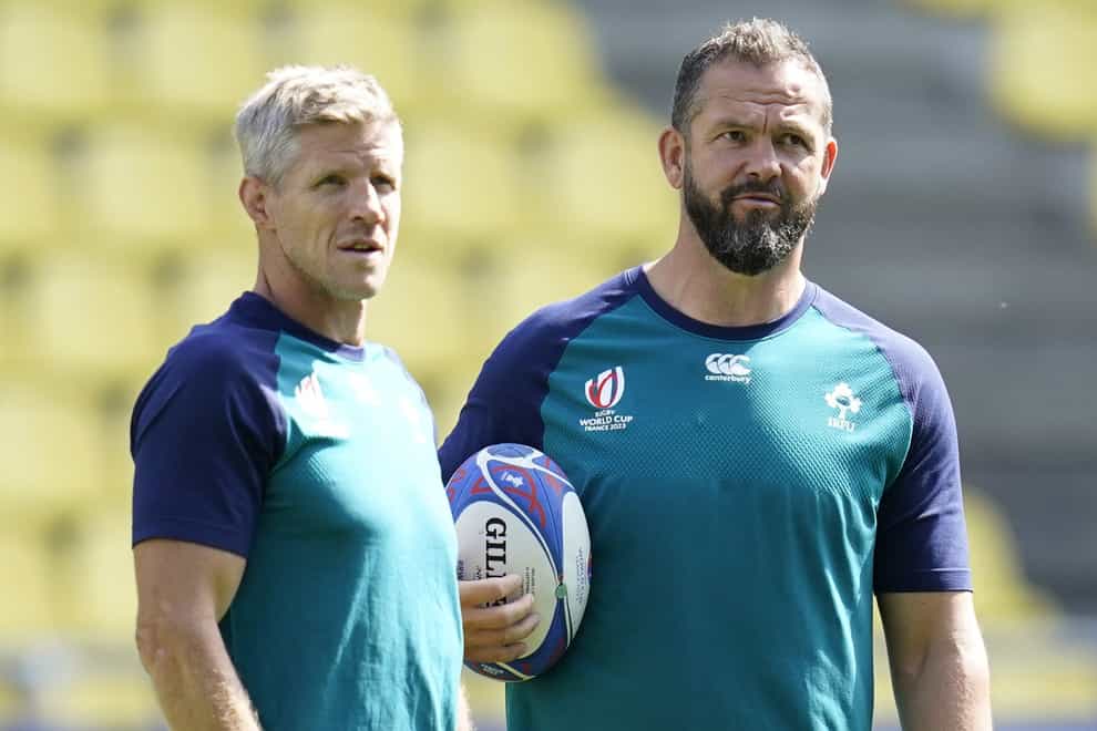 Ireland defence coach Simon Easterby, left and head coach Andy Farrell, right, are preparing to face South Africa in Paris (Andrew Matthews/PA)