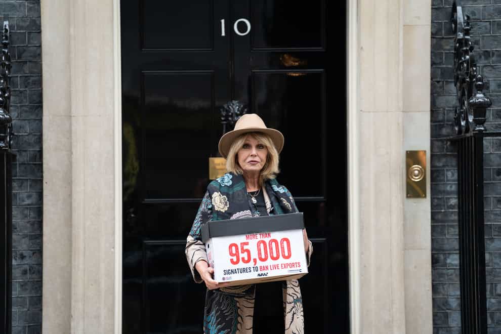 Dame Joanna Lumley hands in a petition to 10 Downing Street calling for a ban on the export of live animals (Stefan Rousseau/PA)