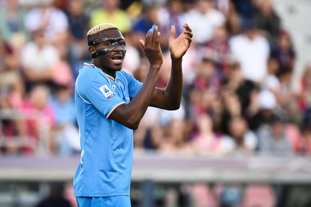 Napoli’s Victor Osimhen reacts during the Italian Serie A soccer match between Bologna and Napoli (Massimo Paolone/LaPresse/AP)