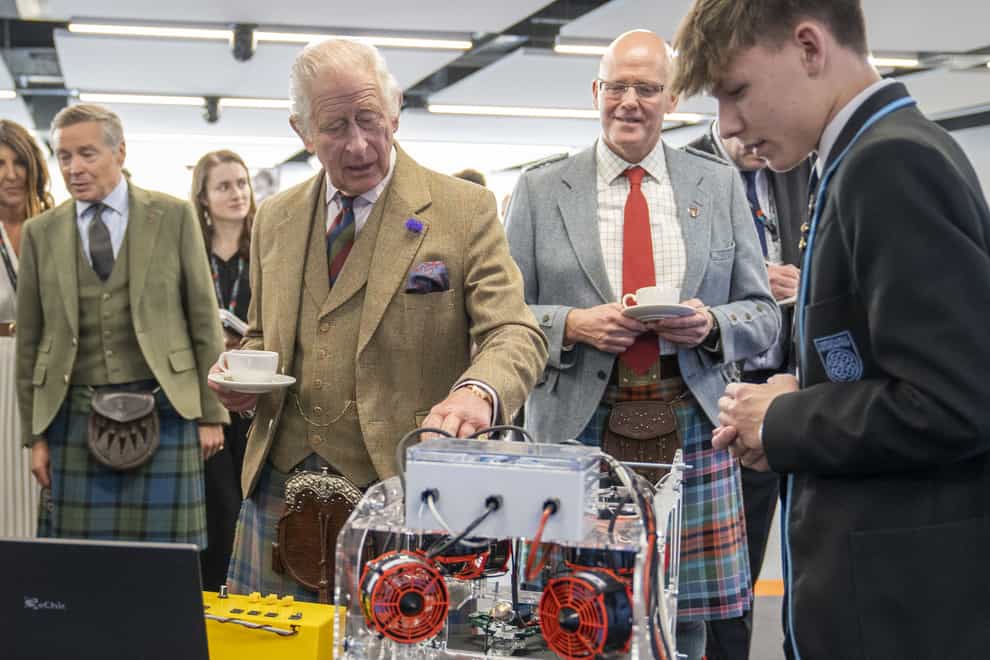 The King met staff and students from Mintlaw Academy during his visit to the Global Underwater Hub in Westhill, Aberdeenshire (Jane Barlow/PA)