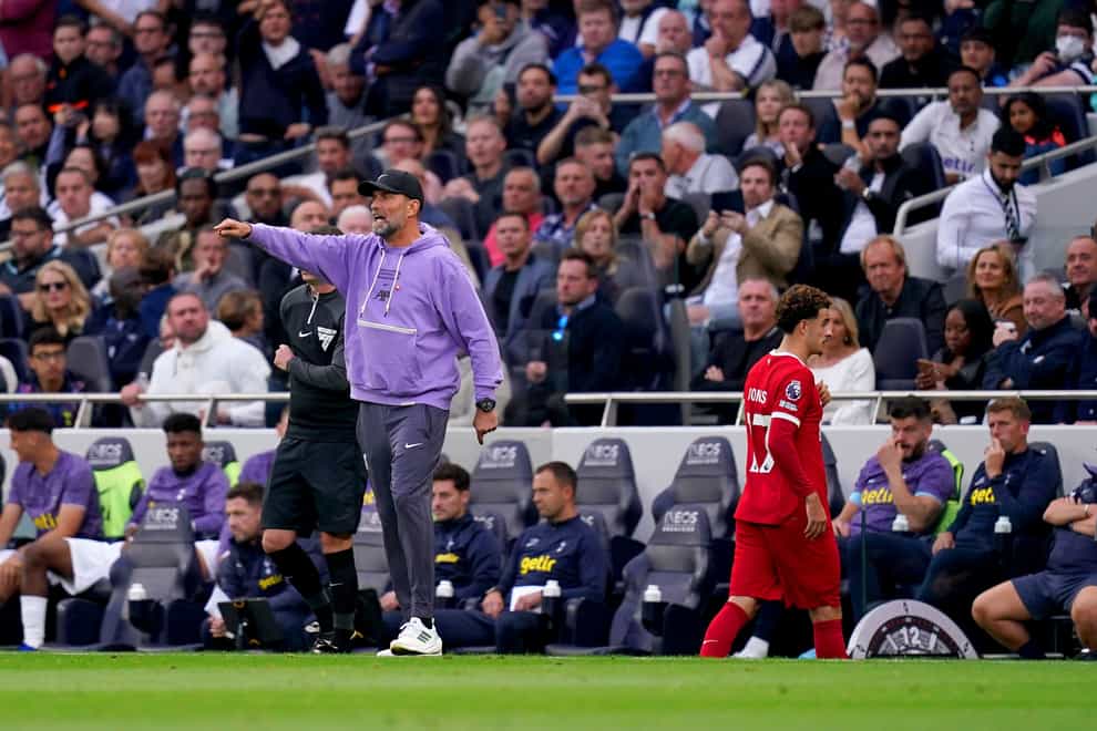 Jurgen Klopp gestures on the touchline during Tottenham’s 2-1 win over Liverpool (John Walton/PA)