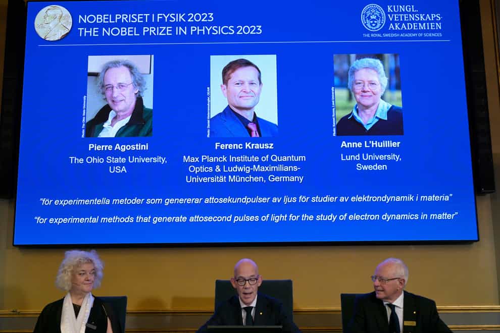 Pierre Agostini, Ferenc Krausz and Anne L’Huillier have won the Nobel Prize in physics (Anders Wiklund/TT News Agency via AP)