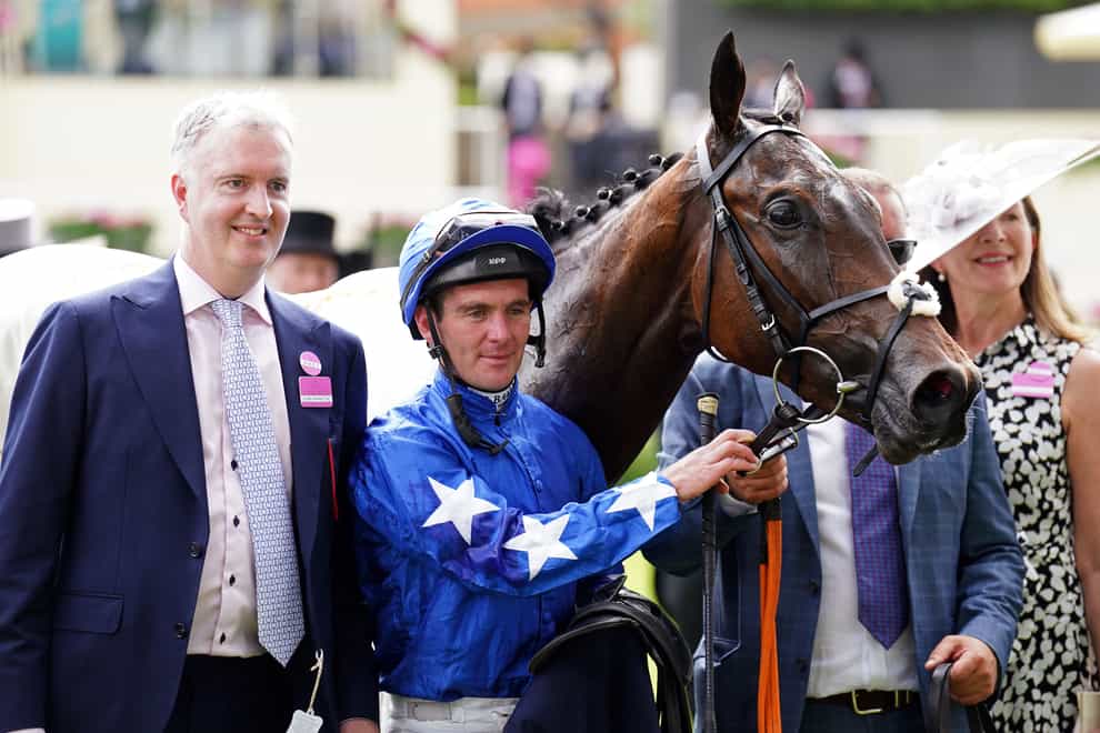 Jockey Gary Carroll (centre) celebrates after winning the Chesham Stakes with horse Snellen on day five of Royal Ascot at Ascot Racecourse (John Walton/PA)