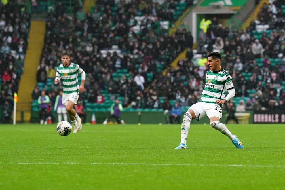 Luis Palma, right, scored Celtic’s second goal during their home win against Kilmarnock (Jane Barlow/PA)
