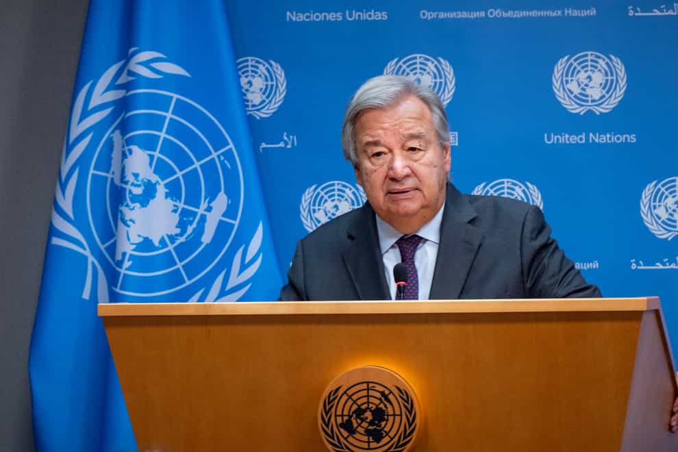 United Nations secretary-general Antonio Guterres addresses the situation in Israel at United Nations headquarters on Monday (Craig Ruttle/AP/PA)