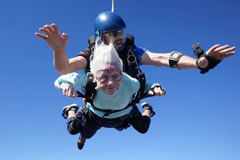 Dorothy Hoffner, 104, undertaking the tandem skydive in October (Daniel Wilsey via AP/PA)