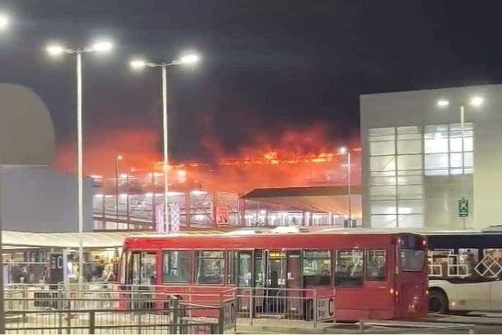 Screen grab from video posted on Twitter of a fire at a car park at Luton Airport (@Soriyn23/PA Wire)