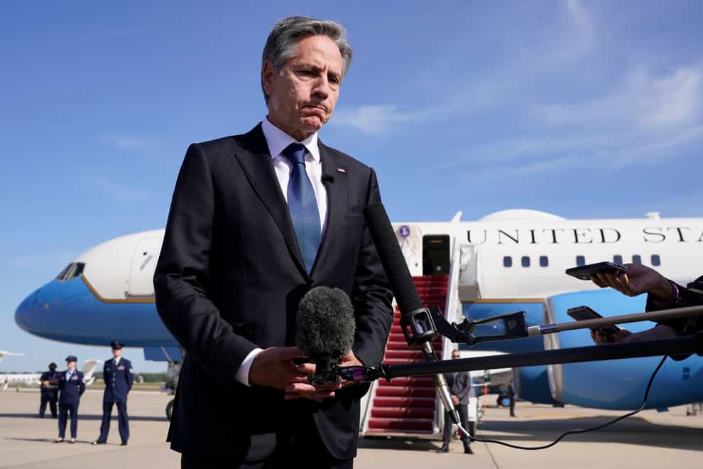 Secretary of State Antony Blinken speaks before boarding a plane en route to Israel (AP Photo/Jacquelyn Martin, Pool)