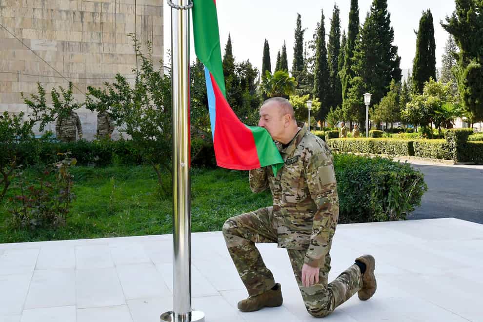 Ilham Aliyev was taking part in a ceremony in Khankendi (Azerbaijani Presidential Press Office via AP)