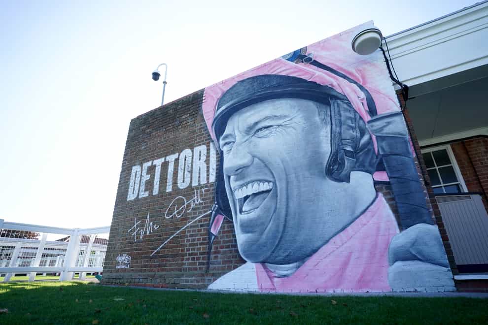 A view of the Frankie Dettori mural in the member’s area on day two of the Dubai Future Champions Festival at Newmarket Racecourse, Suffolk. Picture date: Saturday October 14, 2023.