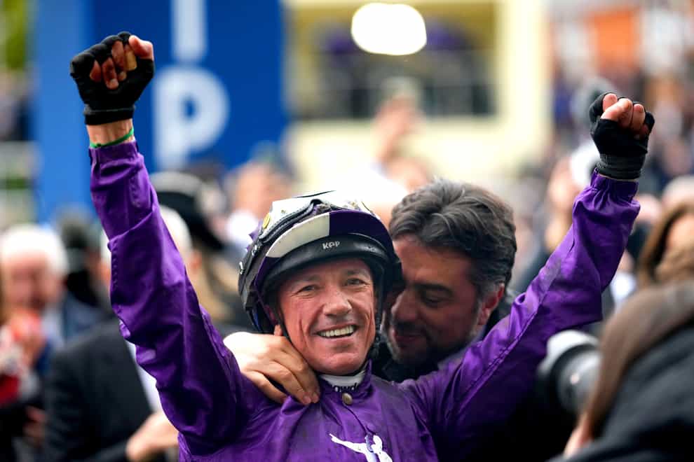Jockey Frankie Dettori celebrates after winning the Qipco Champion Stakes and the final ride of his career in Britain on King Of Steel during the QIPCO British Champions Day at Ascot Racecourse, Berkshire. Picture date: Saturday October 21, 2023.