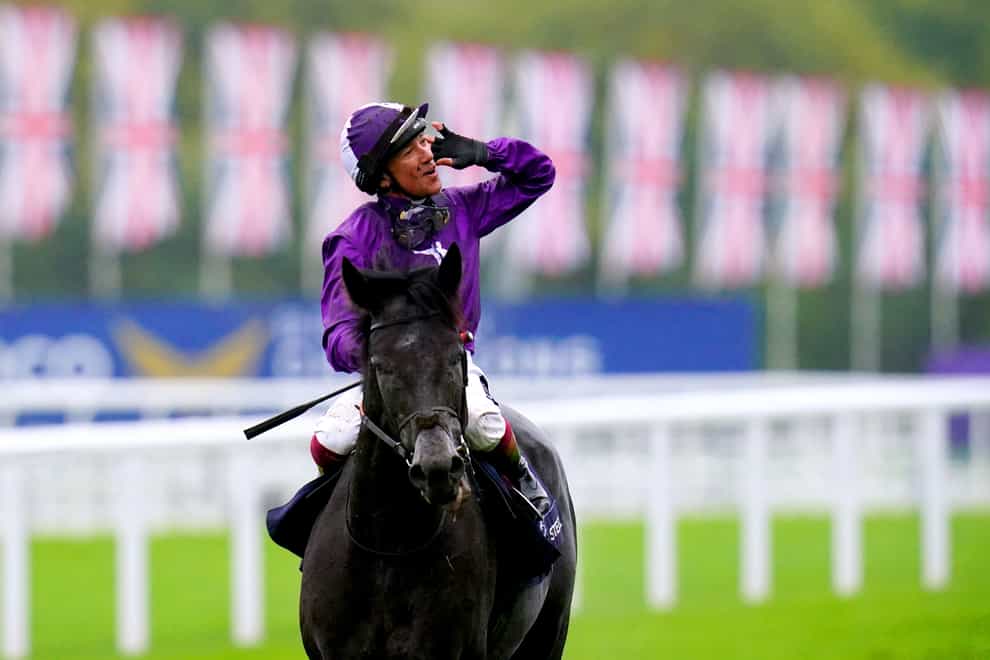 Jockey Frankie Dettori gestures after winning the Qipco Champion Stakes and the final ride of his career in Britain on King Of Steel during the QIPCO British Champions Day at Ascot Racecourse, Berkshire. Picture date: Saturday October 21, 2023.