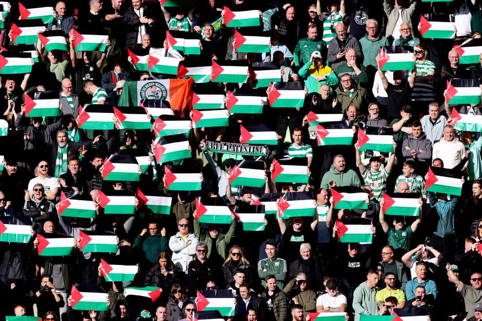 Celtic fans displayed Palestine flags at Tynecastle on Sunday (Steve Welsh/PA)