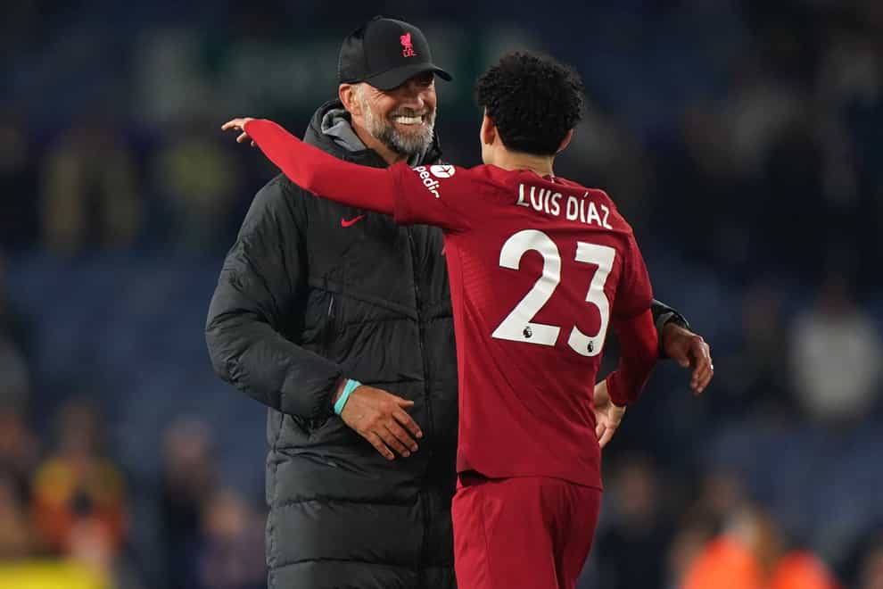 Liverpool manager Jurgen Klopp embraces Luis Diaz (Tim Goode/PA)