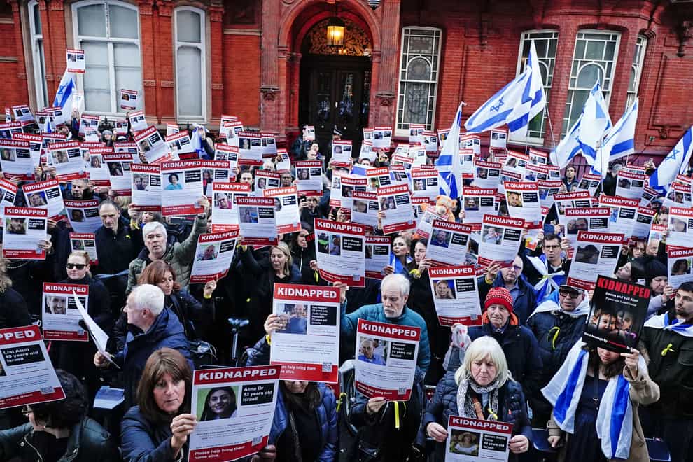 A protest demanding the return of hostages was held outside the Qatari embassy in London (Aaron Chown/PA)