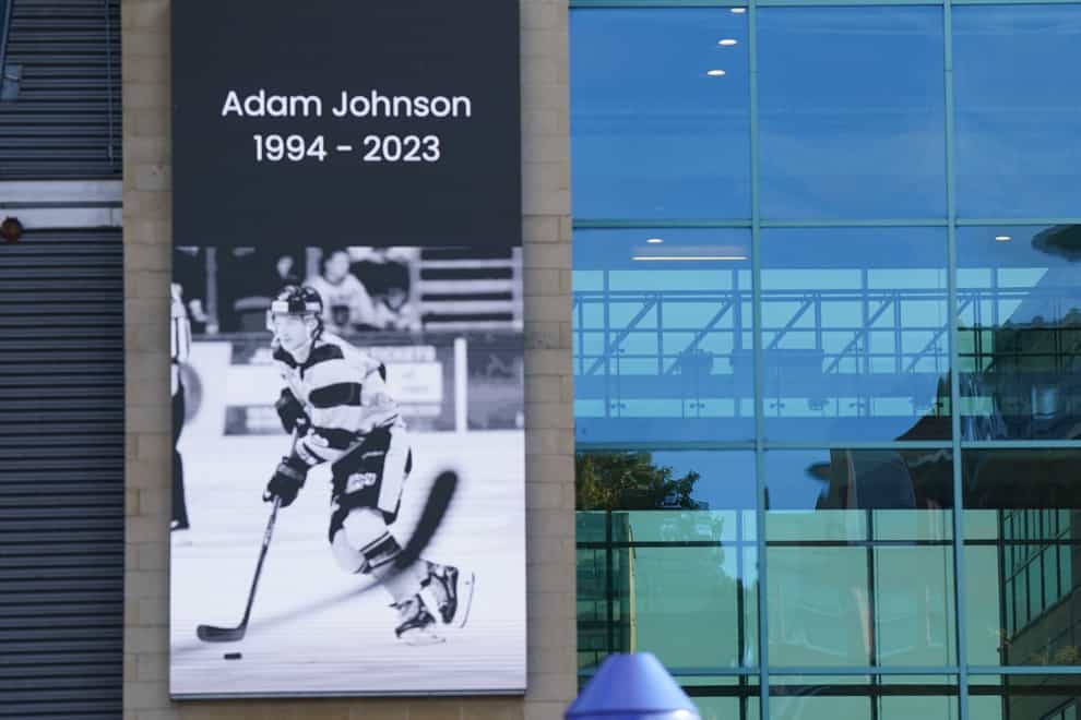 A message board with a tribute to Nottingham Panthers’ ice hockey player Adam Johnson outside the Motorpoint Arena (Jacob King/PA)