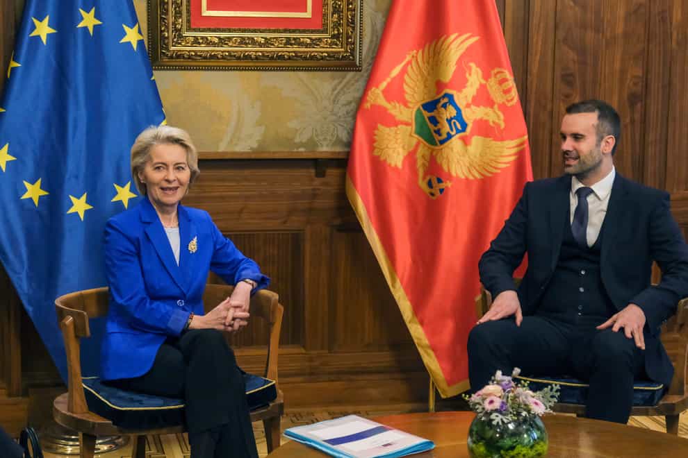 European Commission president Ursula von der Leyen, left, speaks with Montenegro’s new prime minister Milojko Spajic in Podgorica (AP Photo/Risto Bozovic)