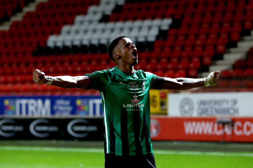 Cray Valley’s Kyrell Lisbie celebrates after Charlton’s Lucas Ness scores an own goal (Steven Paston/PA)
