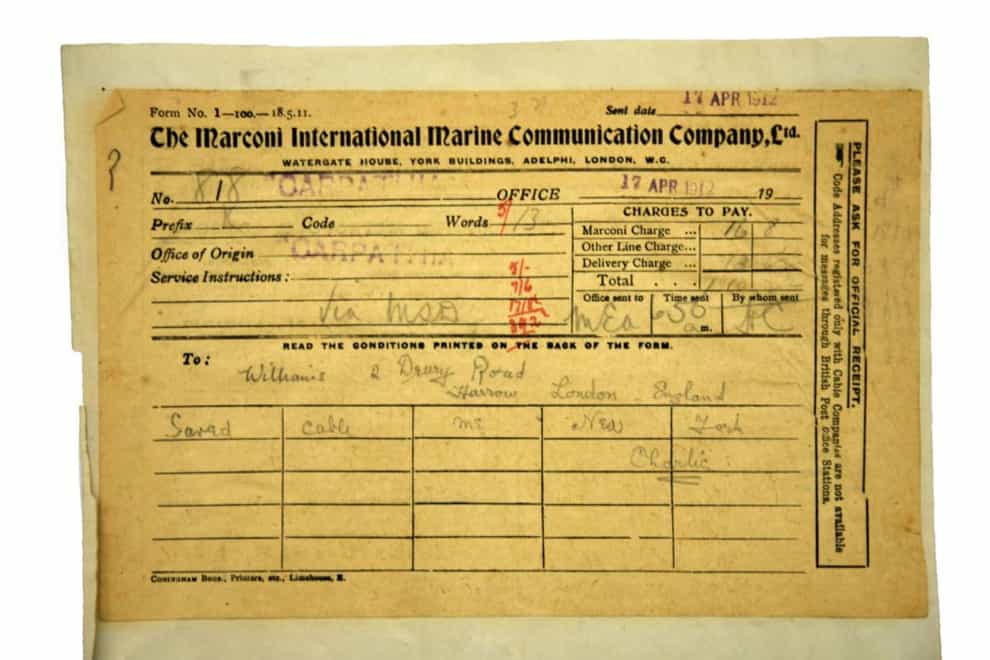 A message from a Titanic survivor transmitted from the RMS Carpathia on April 17 1912, reading ‘Saved. Cable me New York. Charlie’ (Robert Malone)