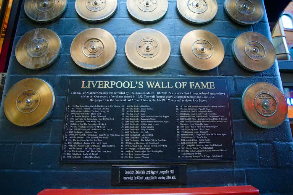 Liverpool’s Pop Music Wall of Fame following the announcement that the new Beatles single, Now And Then, which has become their 18th number one single, is to be immortalised on the wall (Peter Byrne/PA)