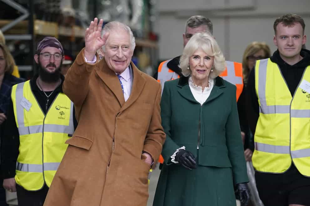 Charles and Camilla visited the South Oxfordshire Food and Education Alliance surplus food distribution centre (Andrew Matthews/PA)