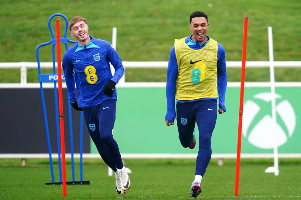England’s Cole Palmer (left) and Trent Alexander-Arnold during a training session at St. George’s Park, Burton upon Trent (Nick Potts, PA)