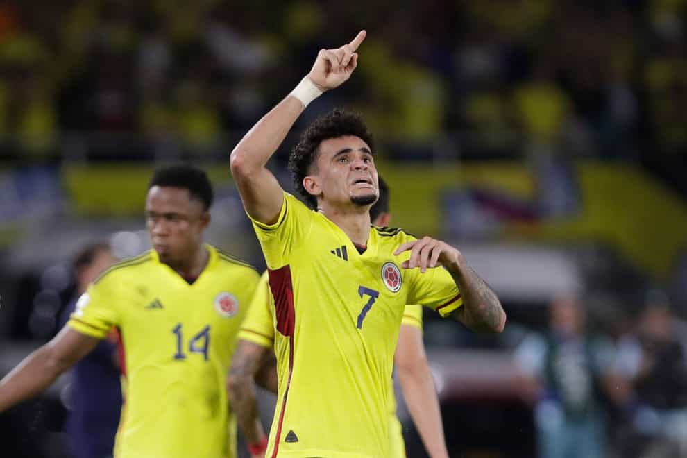 Colombia’s Luis Diaz celebrates scoring his side’s second goal against Brazil during a qualifying soccer match for the FIFA World Cup 2026 (Ivan Valencia/AP)